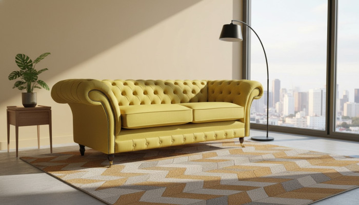 Tessuto 3 posti Blu Design in stoffa Divano Imbottito 230 cm Chesterfield Sofà