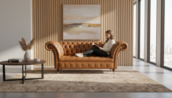 Divano Chesterfield in stoffa, divano in tessuto, arredamento per ufficio, mobili inglesi.