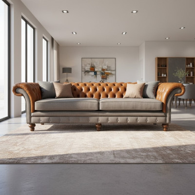 Classico divano Chesterfield a 4 posti in pelle marrone - Tessuto di alta qualità e design in pelle pregiata.