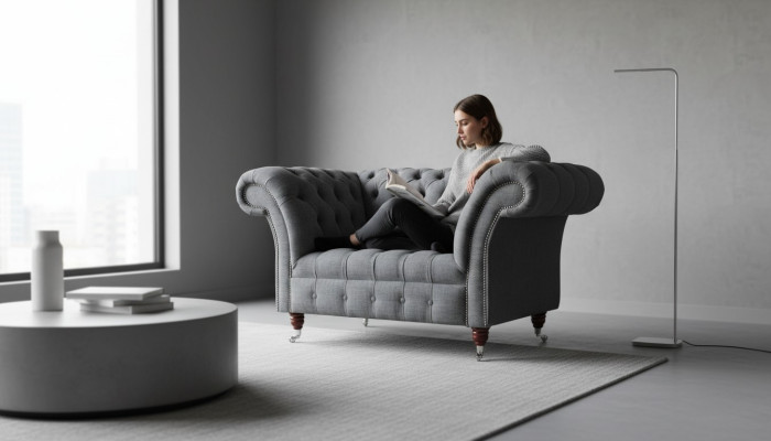 Chesterfield Design Poltrona Grigia in Tessuto di Lusso Cuscini Divano Monoposto