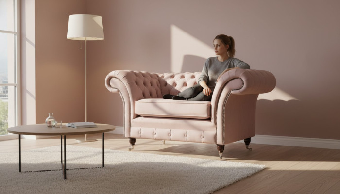 Chesterfield Poltrona design rosa, lussuoso tessuto, divano monoposto.
