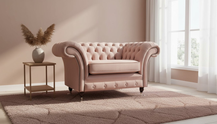 Chesterfield Poltrona design rosa, lussuoso tessuto, divano monoposto.