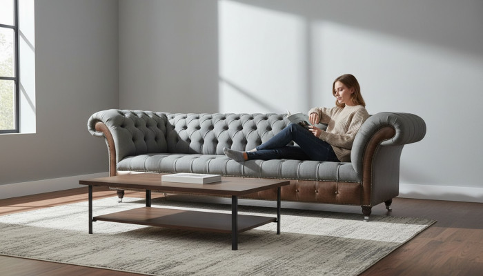 Divano in tessuto di lusso Chesterfield inglese a 4 posti in stile imbottito.