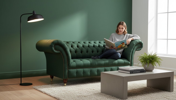 Divano Chesterfield 2 posti in tessuto verde, divani imbottiti di lusso in tessuto.