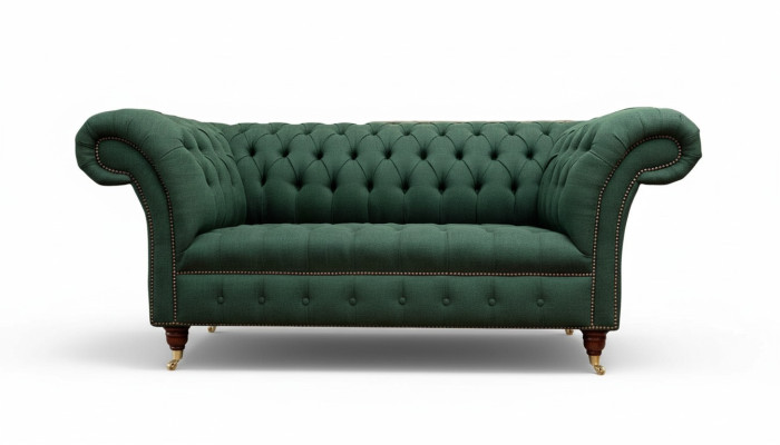 Divano Chesterfield 2 posti in tessuto verde, divani imbottiti di lusso in tessuto.