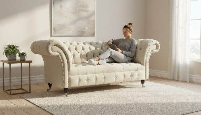 Divano due posti imbottito 2 sedute tessuto lusso Chesterfield nuovo