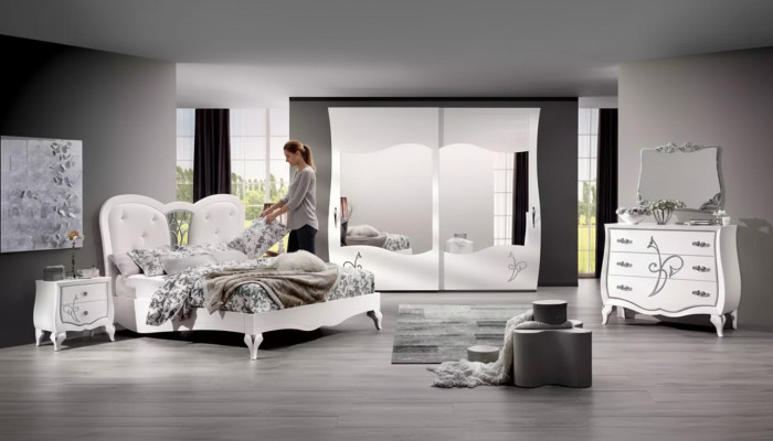 Camera da letto 5 pezzi. Set Letto 2 comodini Armadio Moderno Mobili