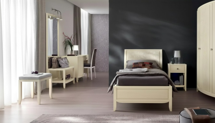 Set da camera da letto completo di lusso beige con scrivania, letto e comodino nuovo.