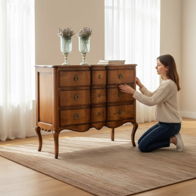 Comò marrone, lussuoso, design armadio, stile classico, camera da letto nuova.