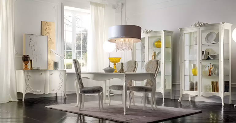 Set da pranzo di lusso 7 pezzi in legno bianco Vetrina Mobili 4 sedie Tavolo