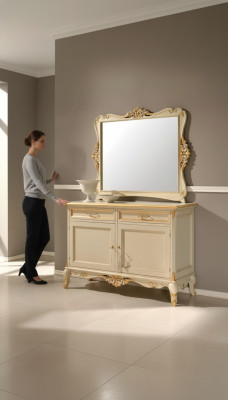 Mobile tv di lusso con specchio, 2 pezzi, comò, mobili design beige per il soggiorno.
