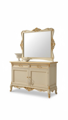 Mobile tv di lusso con specchio, 2 pezzi, comò, mobili design beige per il soggiorno.