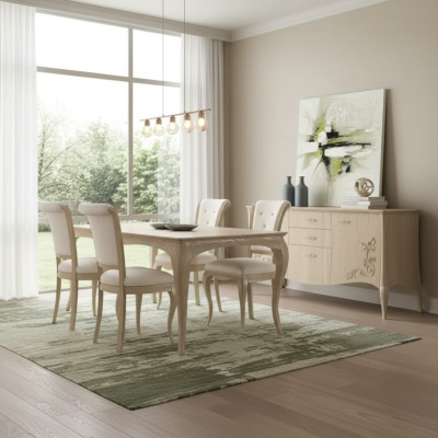 Set da pranzo 6 pezzi. Tavolo da pranzo, 4 sedie, credenza, gruppo di complementi in beige.