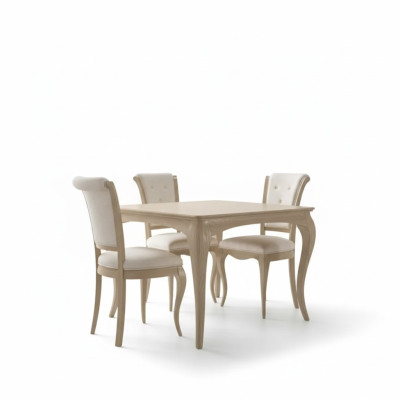 Set da pranzo 6 pezzi. Tavolo da pranzo, 4 sedie, credenza, gruppo di complementi in beige.