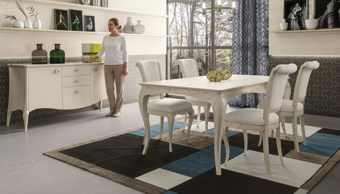 Sala da pranzo Set Bianco Tavolo da pranzo 4x sedie Vetrina Design elegante Nuovo 6 pezzi.