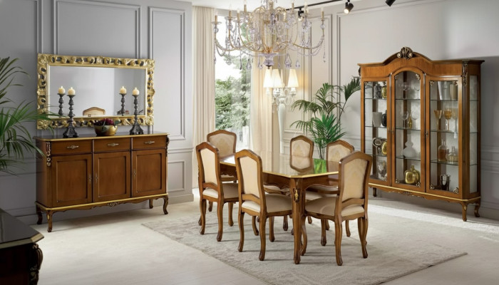 Tavolo da pranzo classico in legno con set sala da pranzo 6 sedie 9 pezzi.