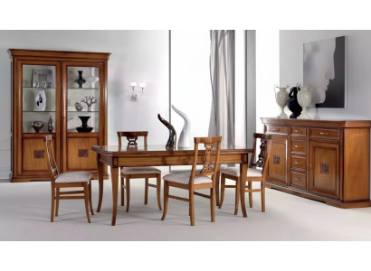 Set da pranzo in legno con 7 pezzi, design, mobili. 4 sedie, tavolo, vetrina. Nuovo.   Imposta per il pranzo in legno con 7 pezzi, design, mobili. 4 sedie, tavolo, vetrina. Nuovo.