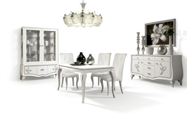 Set da sala da pranzo: tavolo da pranzo, 4 sedie, gruppo da pranzo, mobiletto, 7 pezzi.