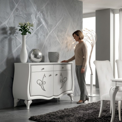 Madia cassettiera soggiorno. Comodini di lusso bianchi in legno mobile credenza.