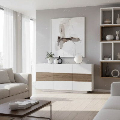 Mobile in legno bianco con cassetti moderni nella sala da pranzo.