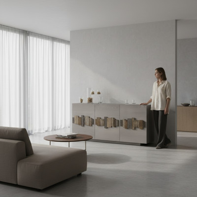 Comò credenza in legno massello mobile cassettiera grigia