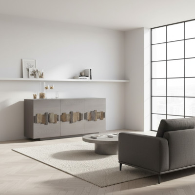 Comò credenza in legno massello mobile cassettiera grigia
