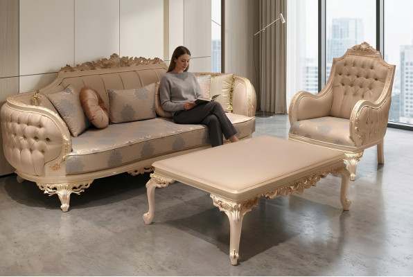 Sofà di lusso elegante a 3 posti in stile lussuoso per il soggiorno, poltrona in legno di alta qualità nuova.
