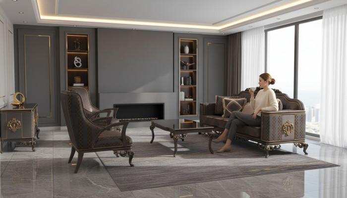 Lussuoso set divano a 3 pezzi con divano a 3 posti Relax e poltrone Deluxe.