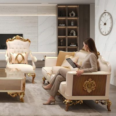 Set di divani elegante per il soggiorno, composto da divano e 2 poltrone, di lusso.