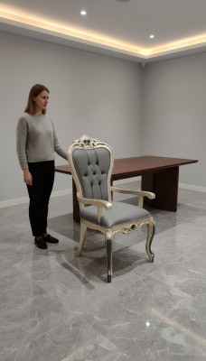 Esclusiva sedia da pranzo Chesterfield, poltrona accogliente in legno e tessuto per sedie da pranzo.