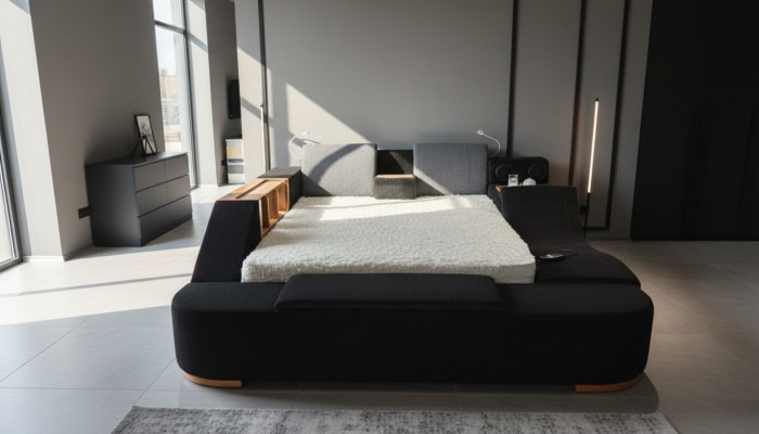 Mobili colorati per la camera da letto con letti neri moderni e colorati.