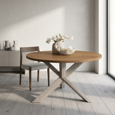 Tavolo da pranzo rotondo per cucina con piano in legno color marrone, stile moderno, lunghezza 140cm.