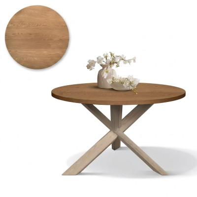 Tavolo da pranzo rotondo per cucina con piano in legno color marrone, stile moderno, lunghezza 140cm.