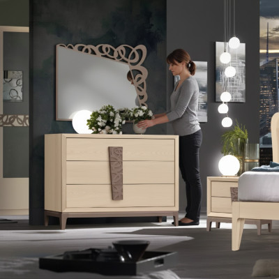 Set camera da letto lussuosa, mobile a specchio, design mobili beige 3 pezzi in legno.