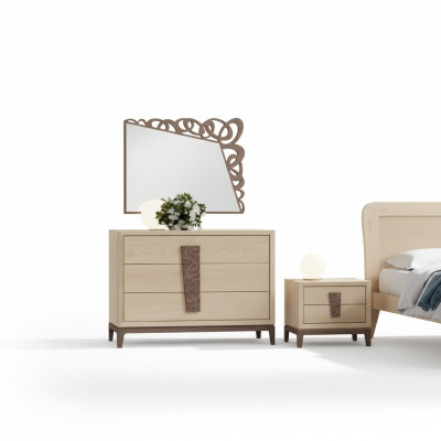 Set camera da letto lussuosa, mobile a specchio, design mobili beige 3 pezzi in legno.