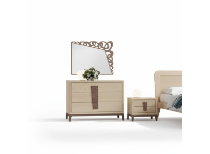 Set camera da letto lussuosa, mobile a specchio, design mobili beige 3 pezzi in legno.