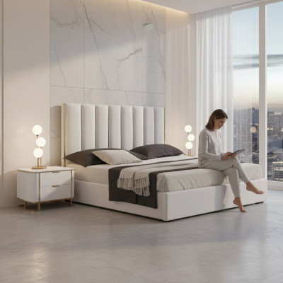 Set camera da letto lussuosa con letto 2 comodini design nuovo bianco 3 pezzi moderno.