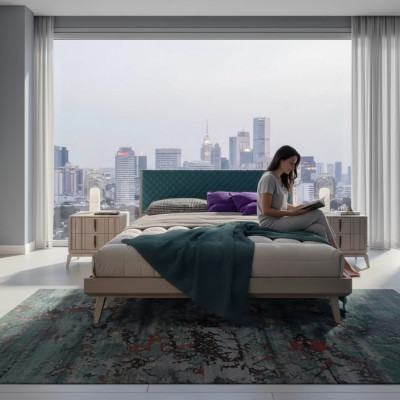 Camera da letto con letto, 2 comodini in legno beige moderni nuovi