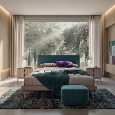 Camera da letto con letto, 2 comodini in legno beige moderni nuovi