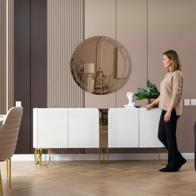 Set soggiorno credenza specchio lusso moderno legno bianco 2 pezzi.
