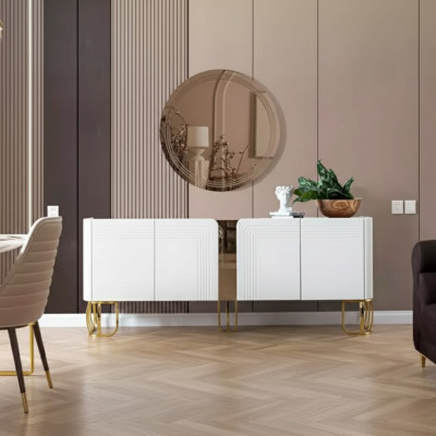 Set soggiorno credenza specchio lusso moderno legno bianco 2 pezzi.