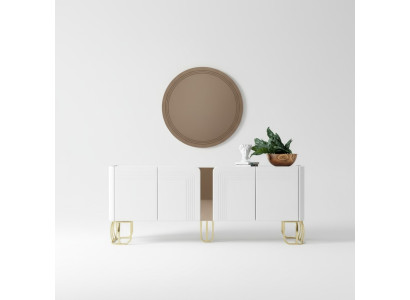 Set soggiorno credenza specchio lusso moderno legno bianco 2 pezzi.