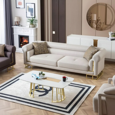 Divano 3 posti in tessuto per soggiorno, design moderno di lusso, bianco.