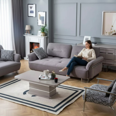 Divano 3 posti in tessuto design moderno per salotto, nuovo, di lusso bianco grigio.