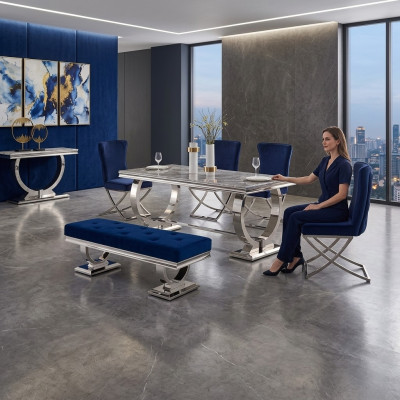 Designer tavolo rettangolare da pranzo, mobili da sala da pranzo di lusso in acciaio inossidabile.