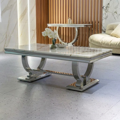 Tavolino moderno grigio in acciaio inossidabile per il soggiorno con design di lusso.