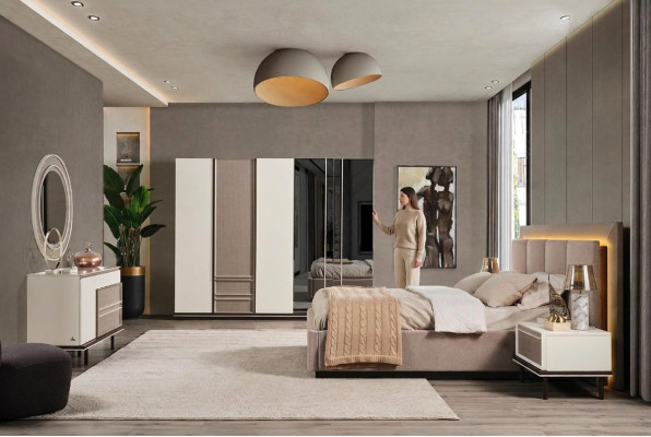 Set camera da letto con letto, 2 comodini, tavolo da toeletta di lusso nuovo, set di design 6 pezzi