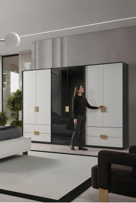 Armadio moderno per camera da letto in bianco e nero con 6 ante.