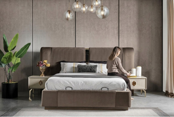 Set da camera da letto marrone Designer Letto matrimoniale 2 comodini Mobili di lusso
