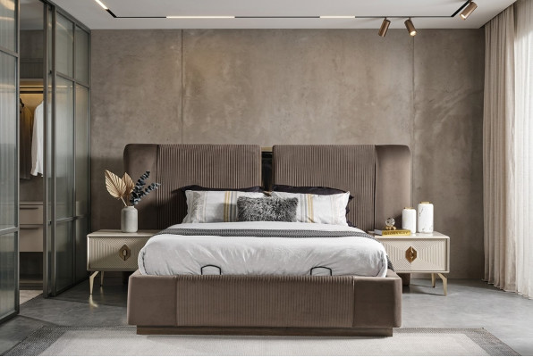 Set da camera da letto marrone Designer Letto matrimoniale 2 comodini Mobili di lusso